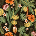 Summer vector tropical seamless pattern. Exotic flowers, palm trees, banana, monstera green leaves texture Royalty Free Stock Photo